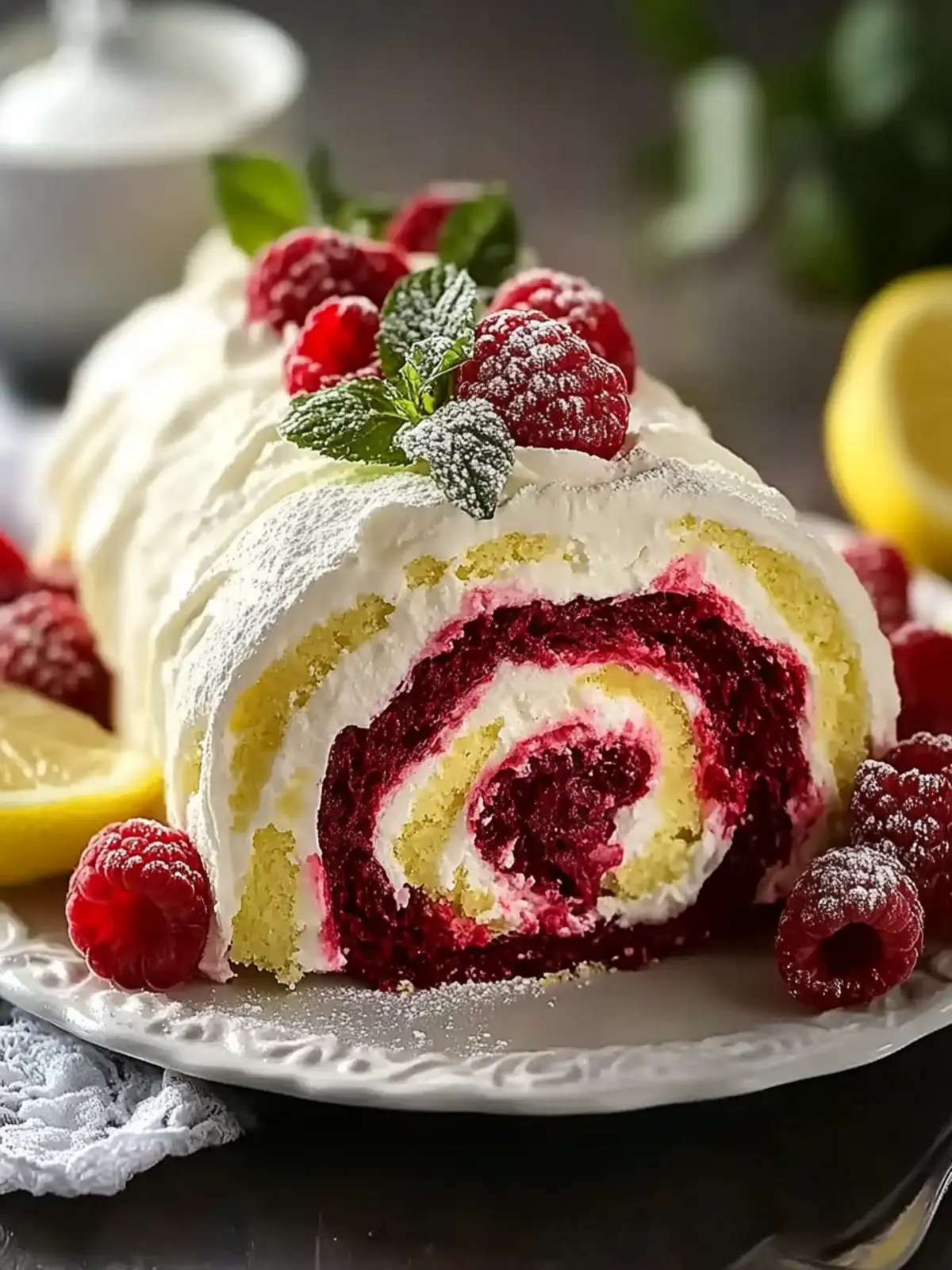 Lemon Raspberry Velvet Roll Cake