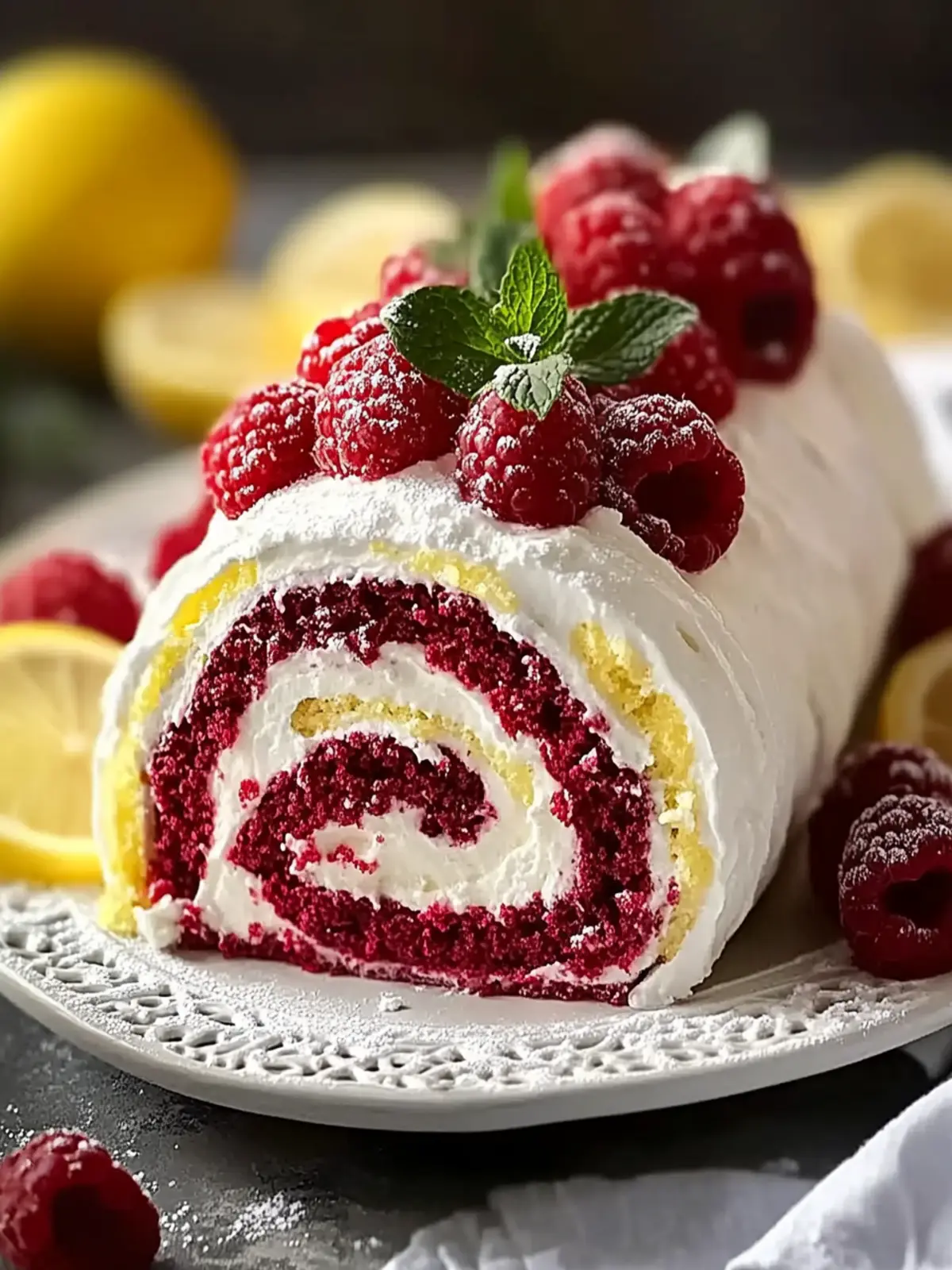 Lemon Raspberry Velvet Roll Cake