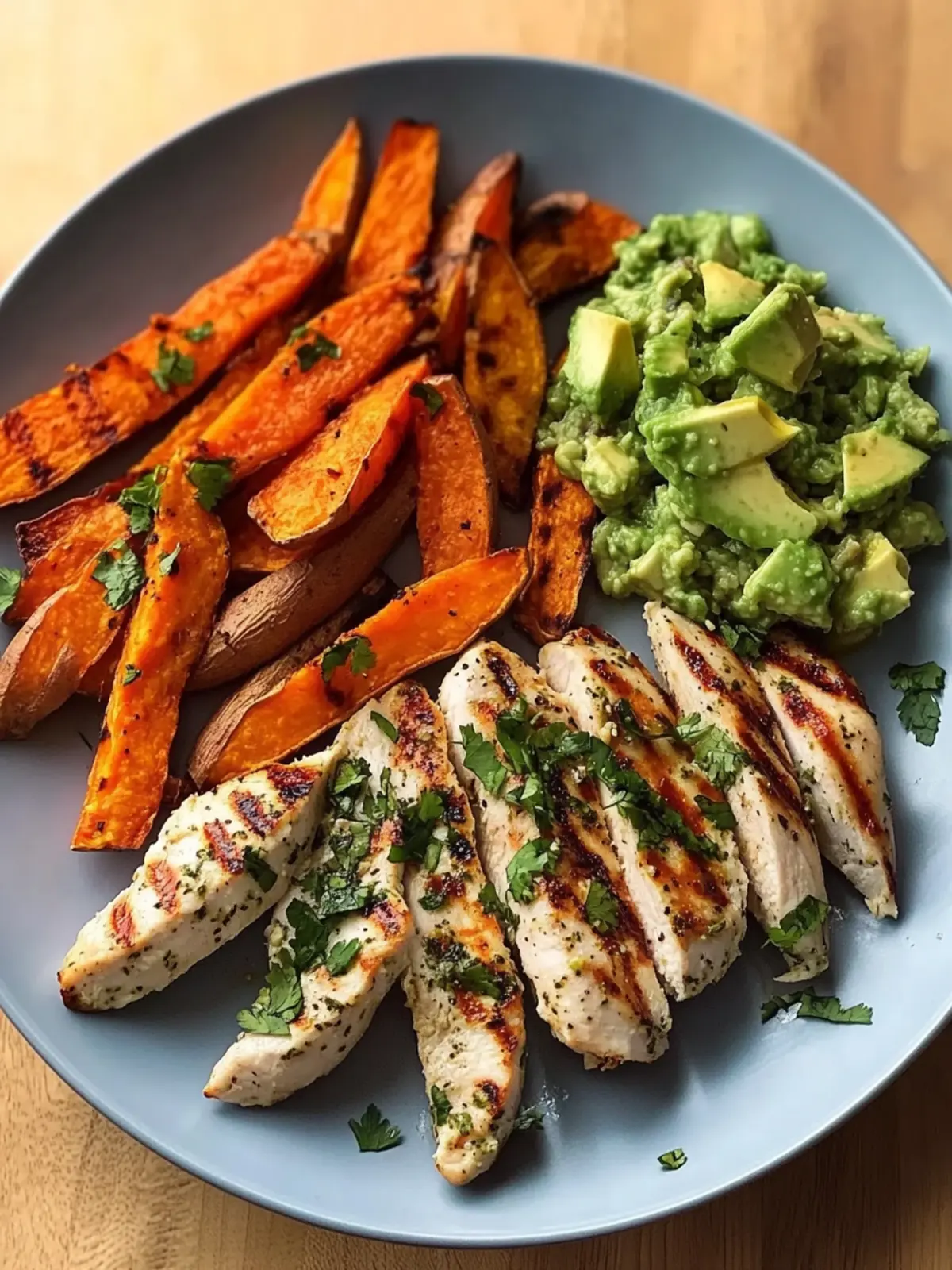 Grilled Herb Chicken with Sweet Potato Fries and Avocado Salsa