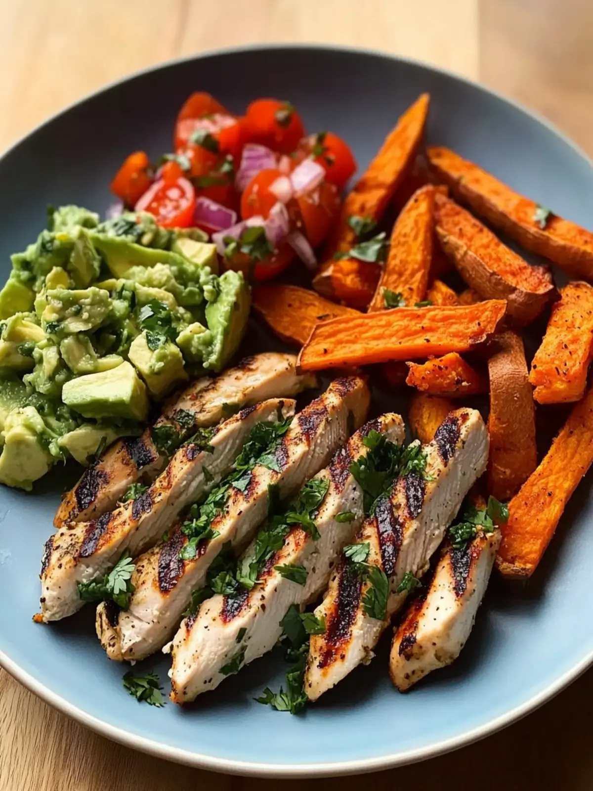 Savor Grilled Herb Chicken with Sweet Potato Fries & Avocado Salsa