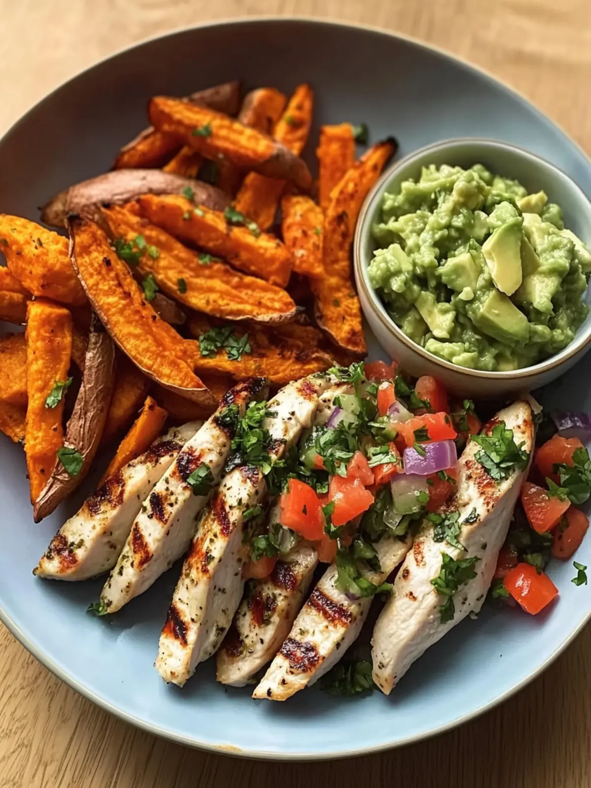 Grilled Herb Chicken with Sweet Potato Fries and Avocado Salsa