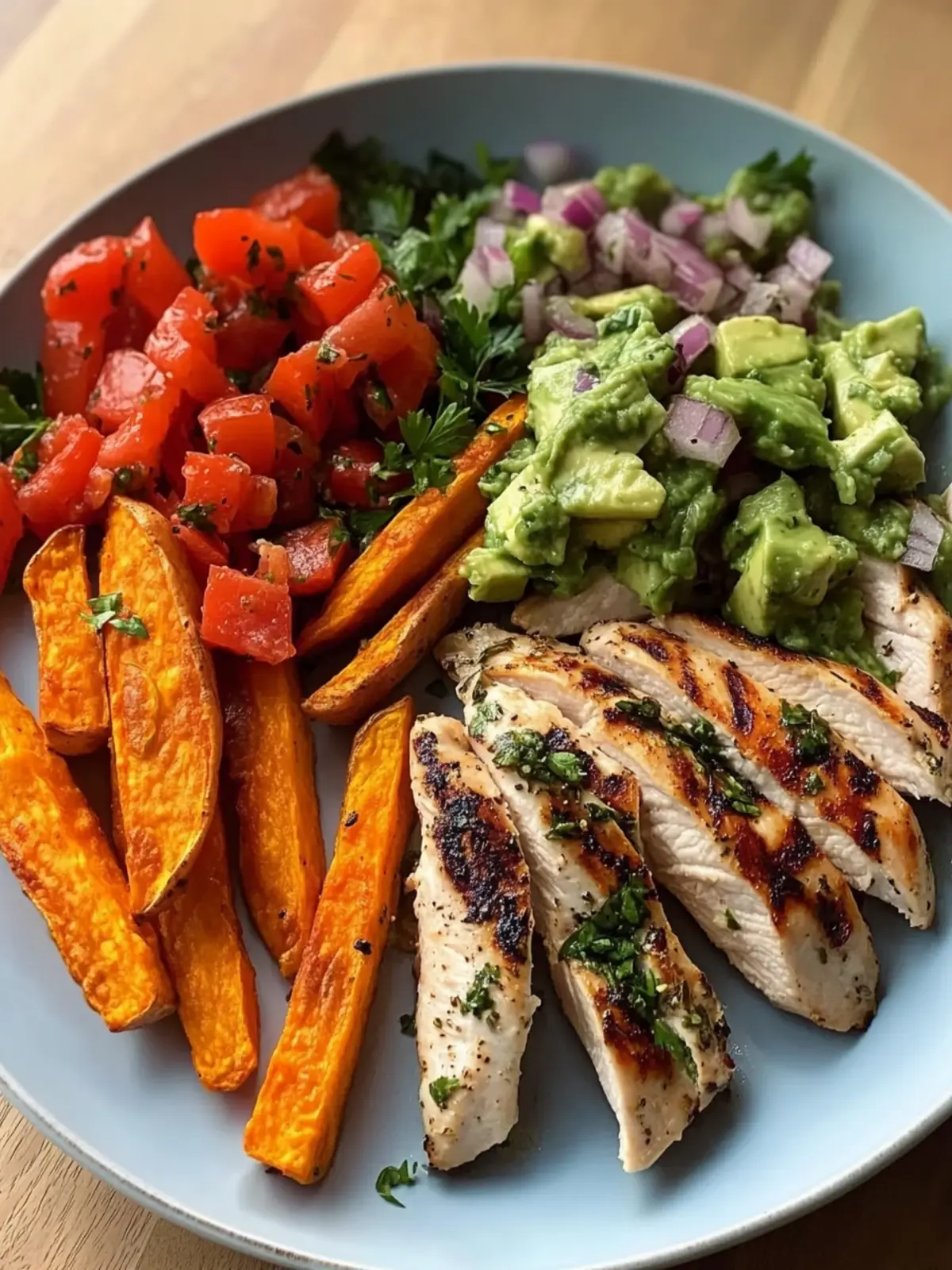 Grilled Herb Chicken with Sweet Potato Fries and Avocado Salsa