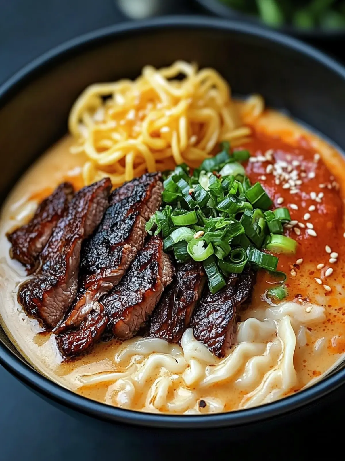 Spicy Korean Ramen with Grilled Beef & Creamy Sauce