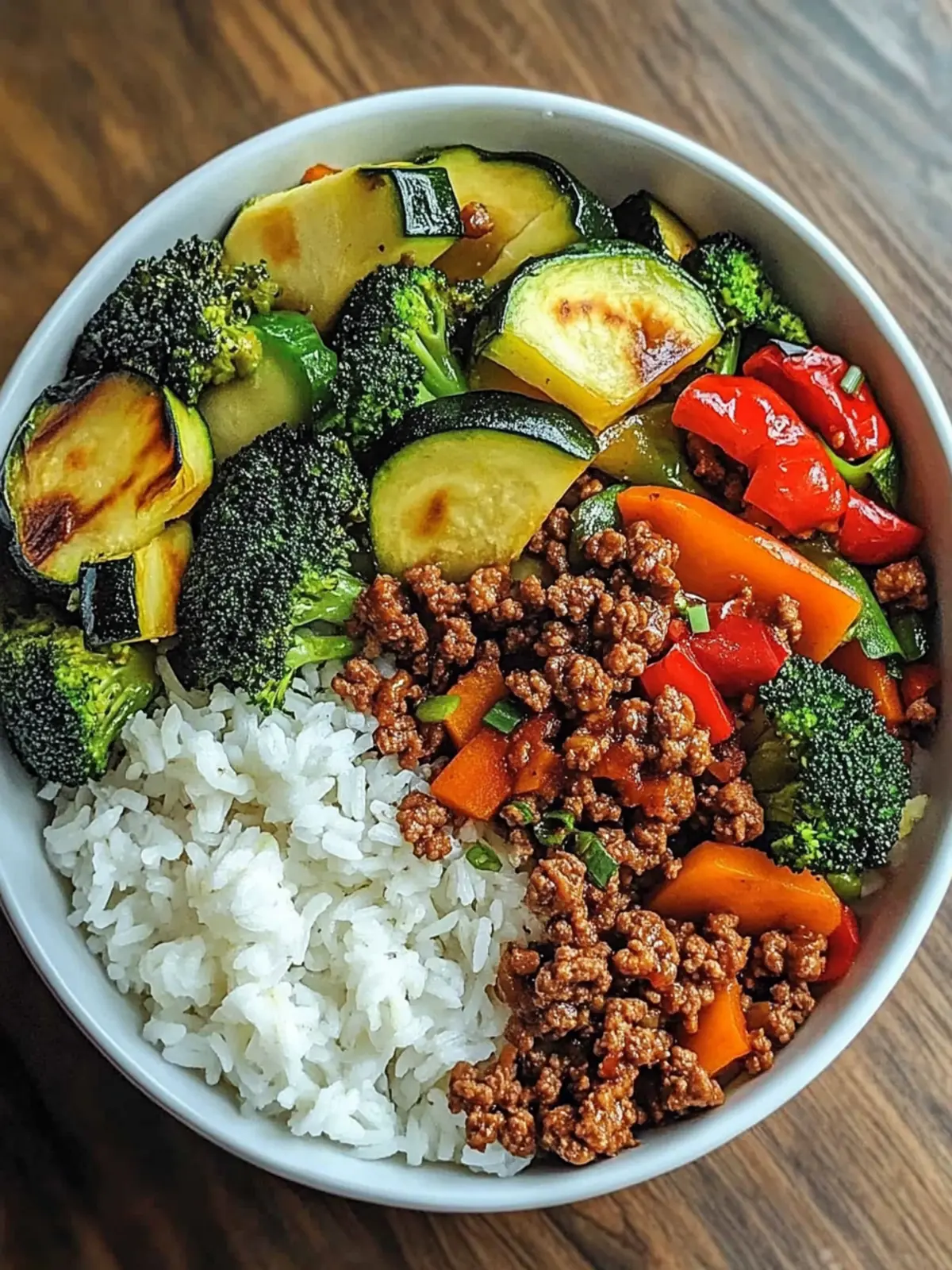 Spicy Ground Beef Stir-Fry Bowl: Garlic Veggies & Rice Delight