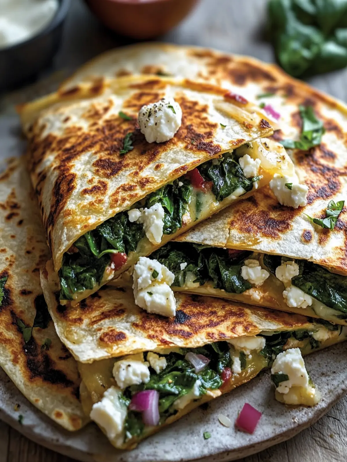 Mediterranean Quesadillas with Spinach, Feta, Mozzarella, and Red Onion