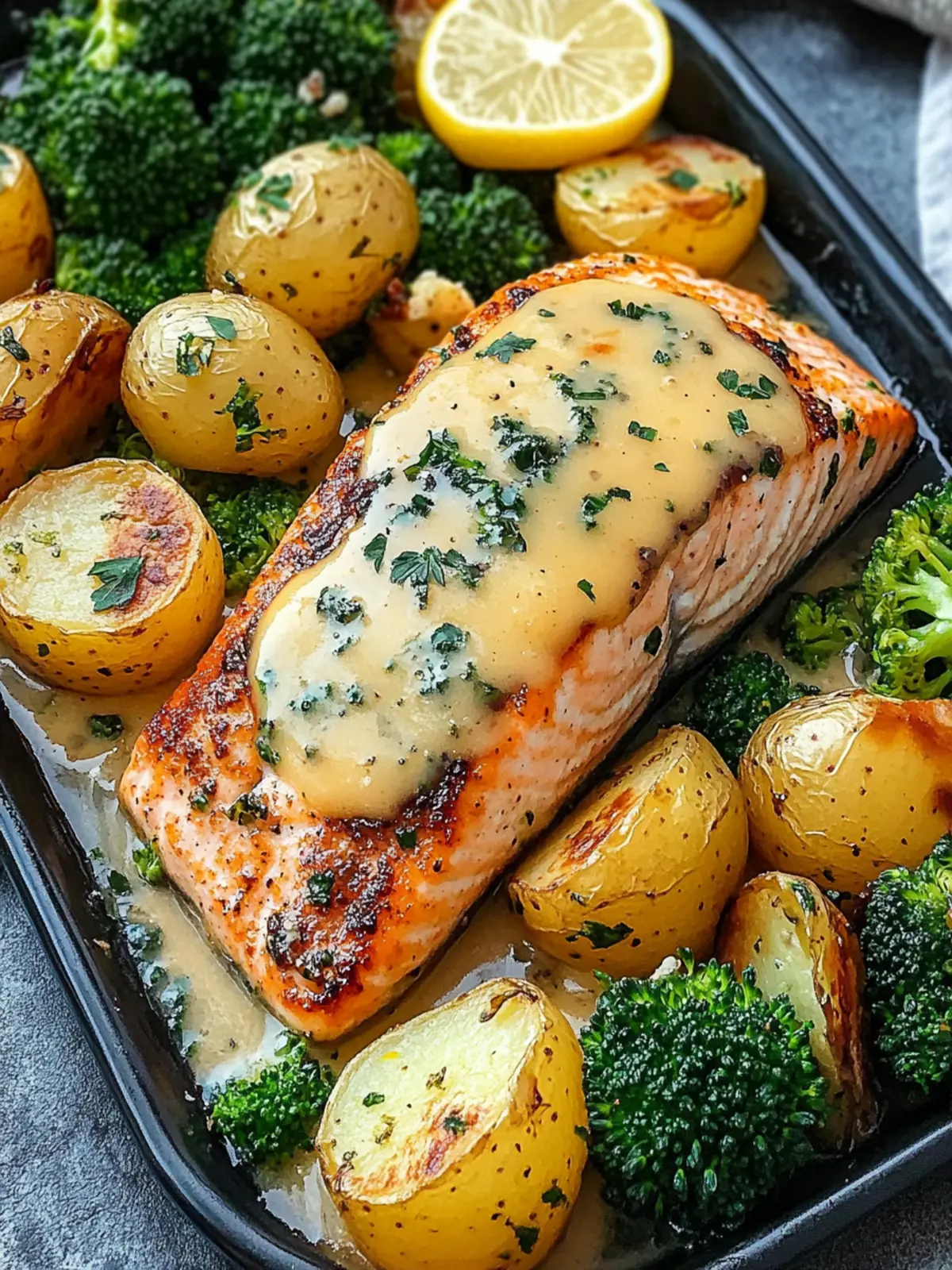 Lemon Butter Salmon with Crispy Potatoes and Broccoli Recipe