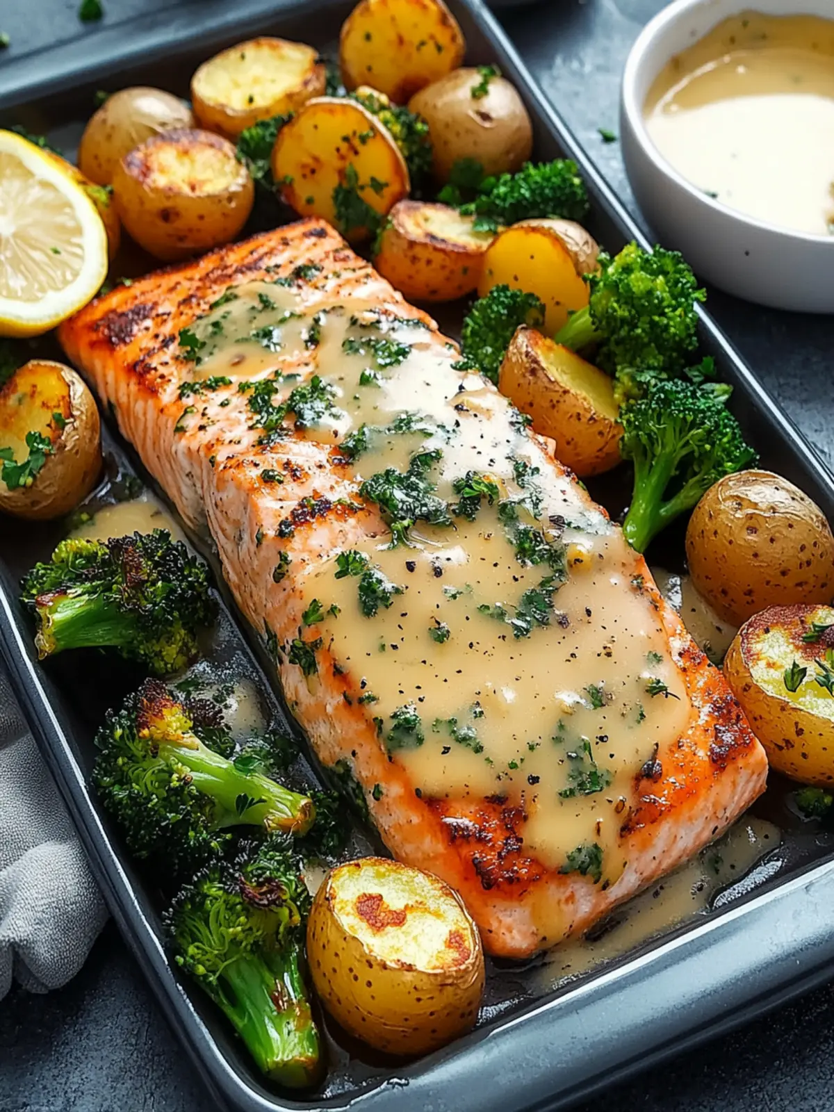 Lemon Butter Salmon with Crispy Potatoes and Broccoli Delight