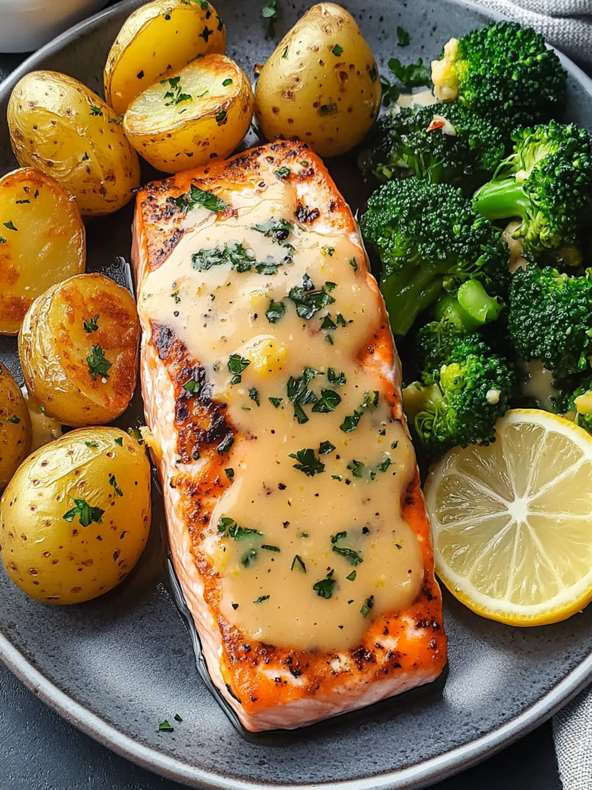 Lemon Butter Salmon with Crispy Potatoes and Broccoli Recipe