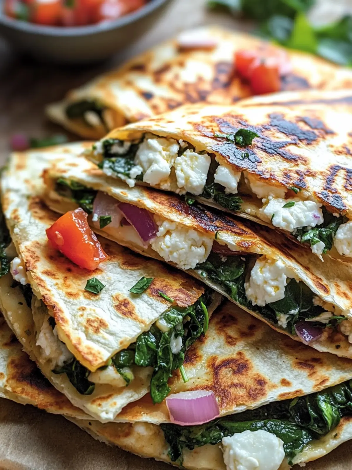 Mediterranean Quesadillas with Spinach, Feta, Mozzarella, and Red Onion