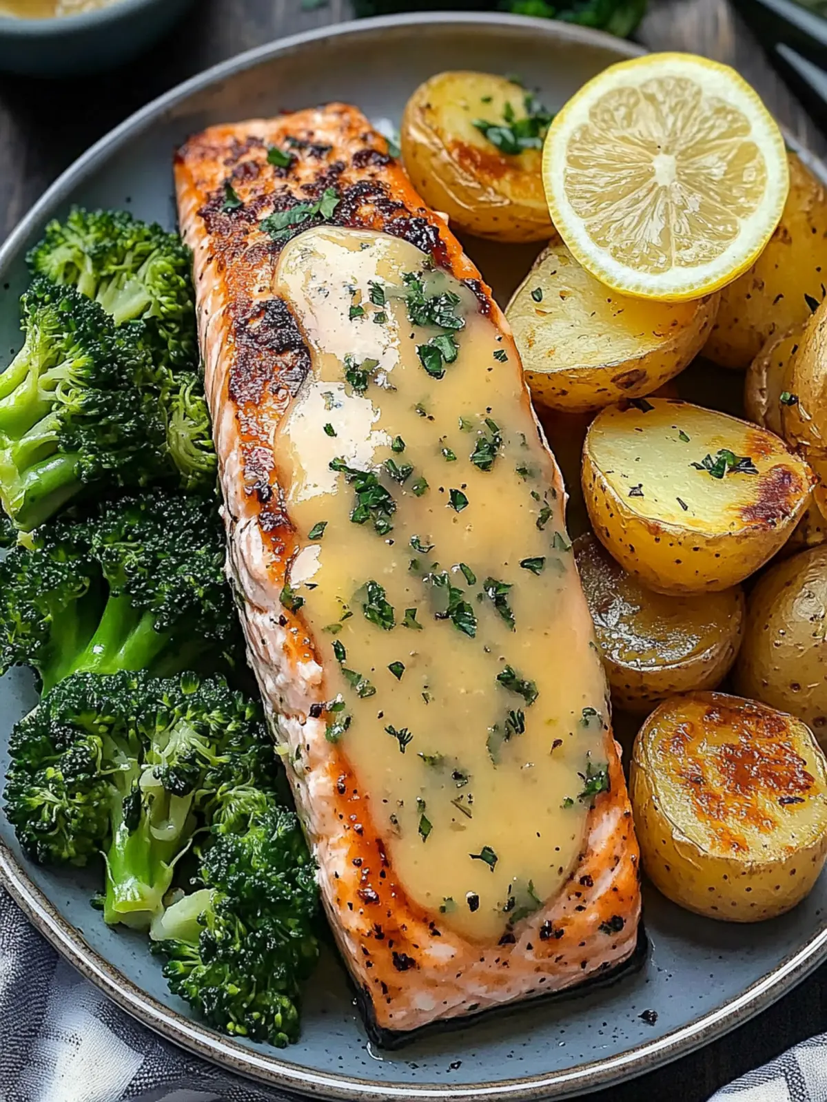 Lemon Butter Salmon with Crispy Potatoes and Broccoli Recipe
