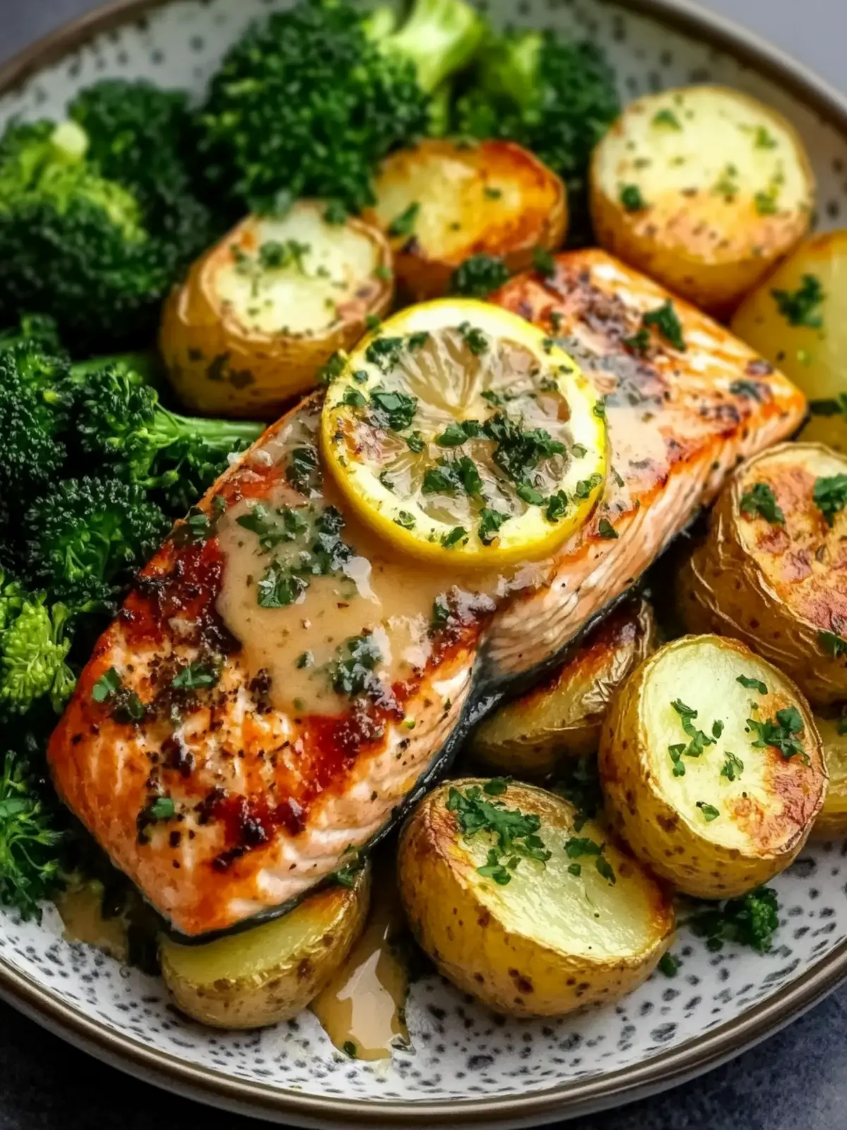 Lemon Butter Salmon with Crispy Potatoes and Broccoli Recipe