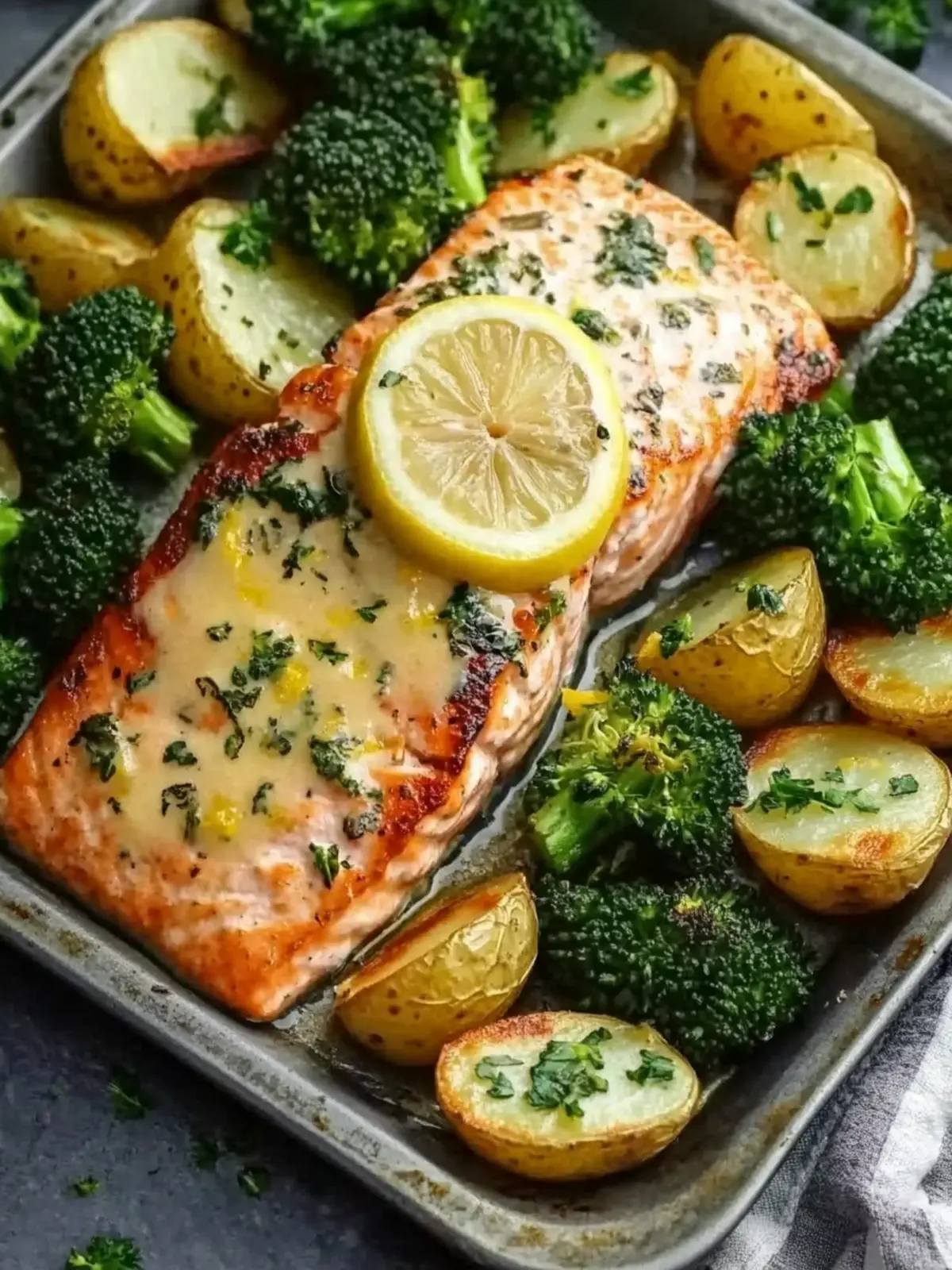 Lemon Butter Salmon with Crispy Potatoes and Broccoli Recipe