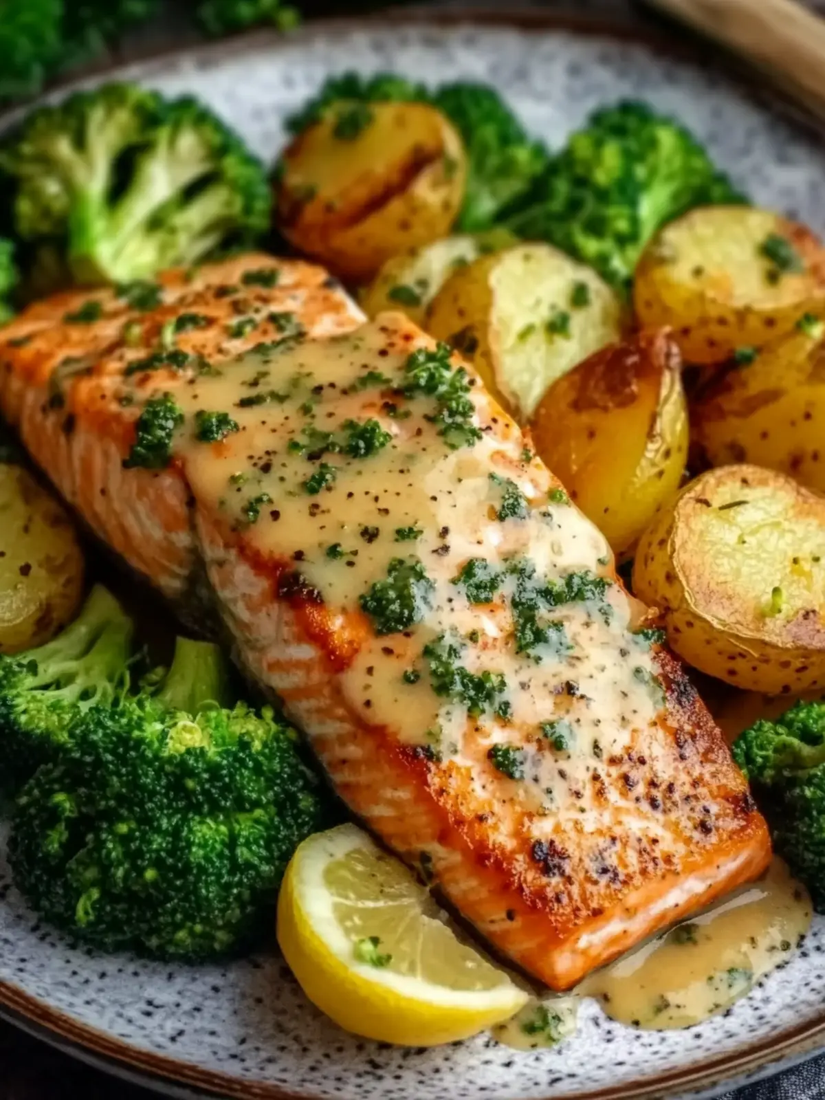 Lemon Butter Salmon with Crispy Potatoes and Broccoli Bliss
