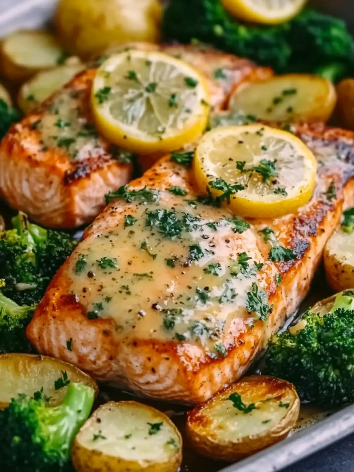 Lemon Butter Salmon with Crispy Potatoes and Broccoli Recipe
