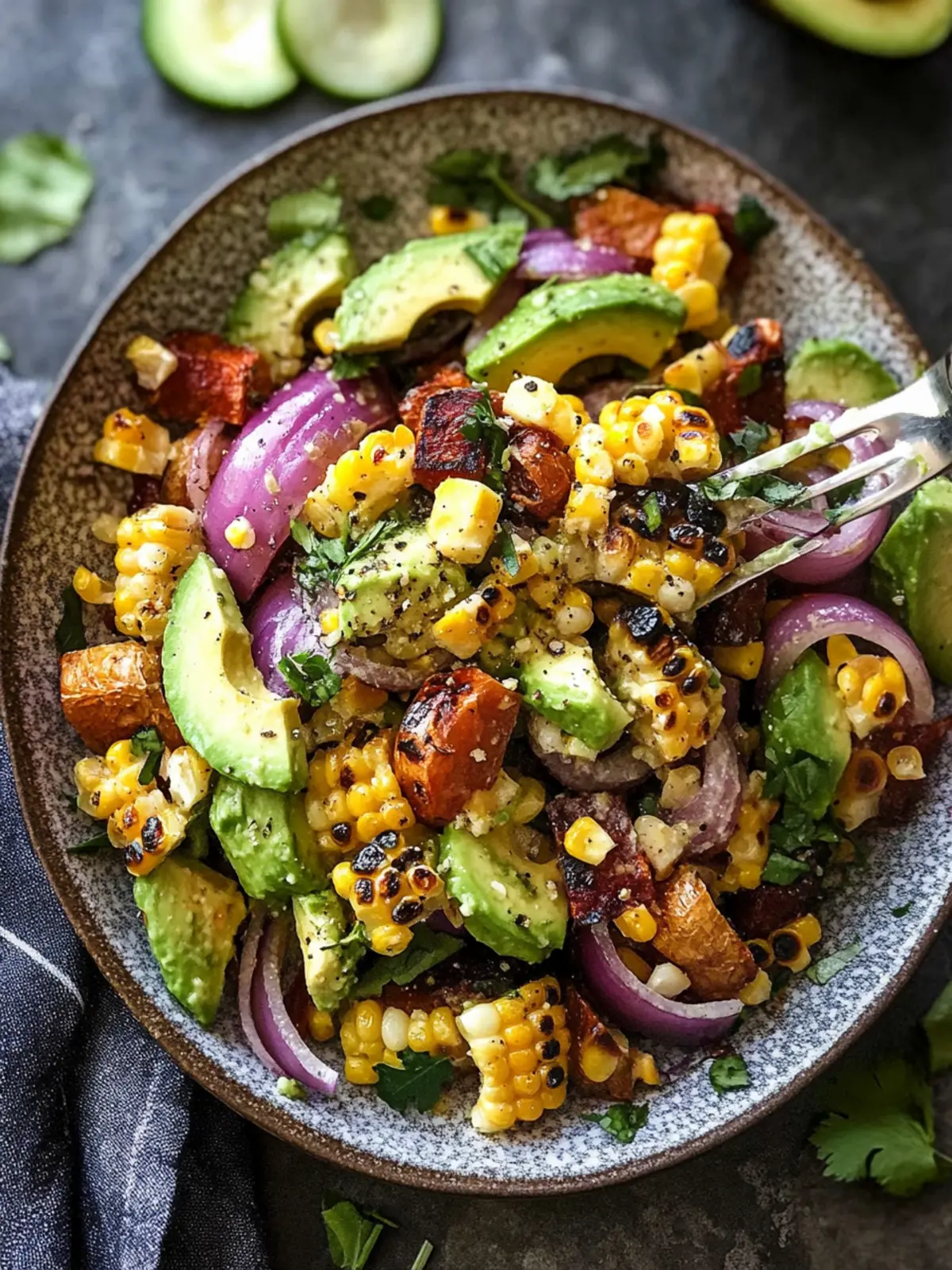 Charred Corn Avocado Salad with Roasted Red Onions
