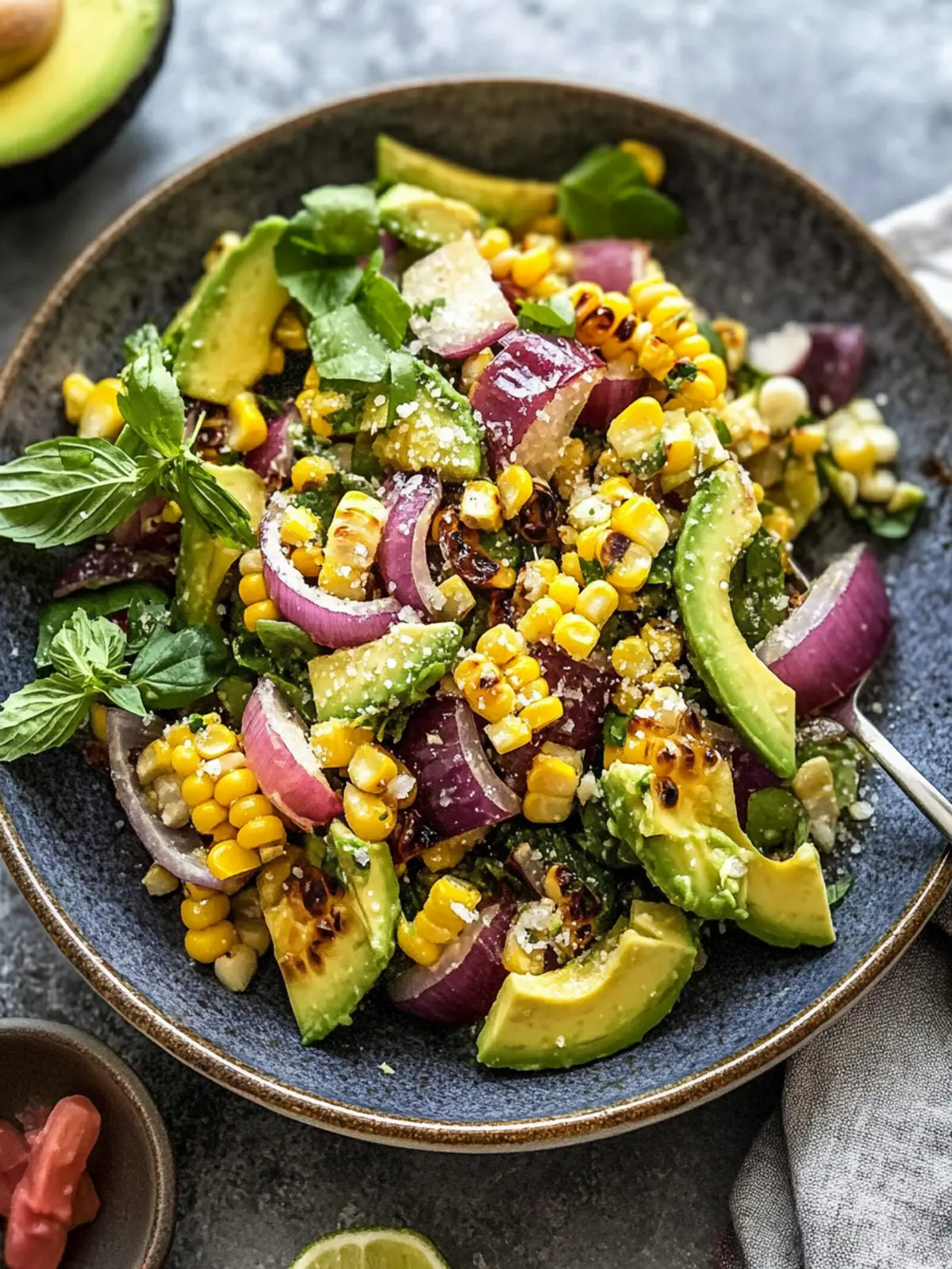 Delicious Charred Corn Avocado Salad with Roasted Red Onions